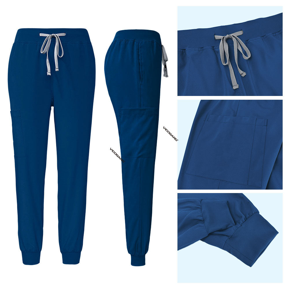 Caribbean Blue jogger scrub pants detail with elastic drawstring waist and ribbed ankle cuffs