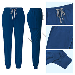 Caribbean Blue jogger scrub pants detail with elastic drawstring waist and ribbed ankle cuffs