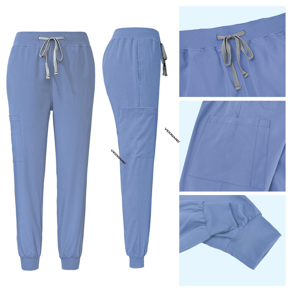 Ceil Blue jogger scrub pants detail with elastic drawstring waist and ribbed ankle cuffs