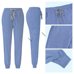 Ceil Blue jogger scrub pants detail with elastic drawstring waist and ribbed ankle cuffs