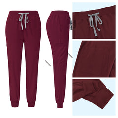 Burgundy jogger scrub pants detail with elastic drawstring waist and ribbed ankle cuffs