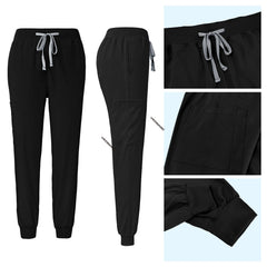 Black jogger scrub pants detail with elastic drawstring waist and ribbed ankle cuffs