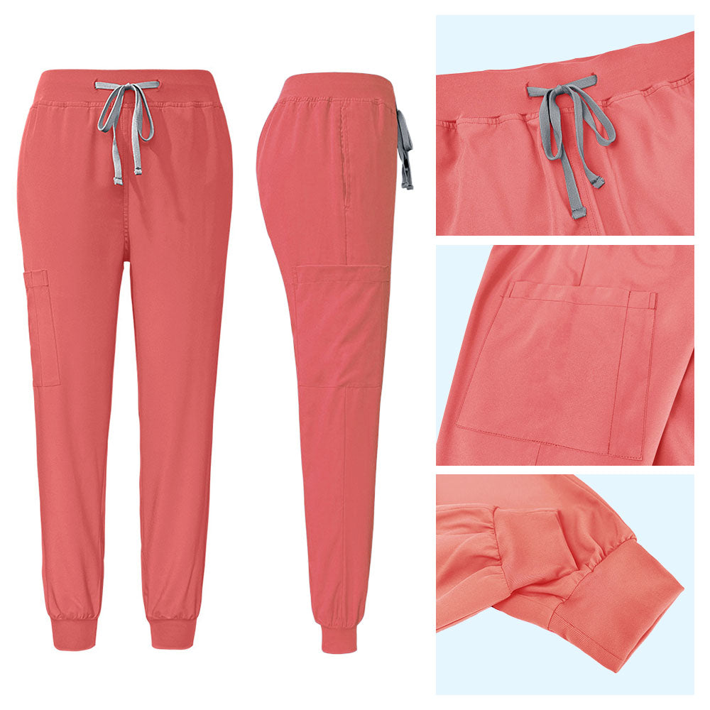 Orange Red jogger scrub pants detail with adjustable drawstring waist and ribbed cuffs