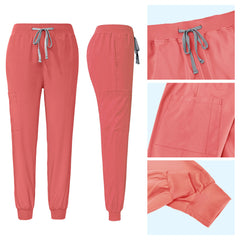 Orange Red jogger scrub pants detail with adjustable drawstring waist and ribbed cuffs