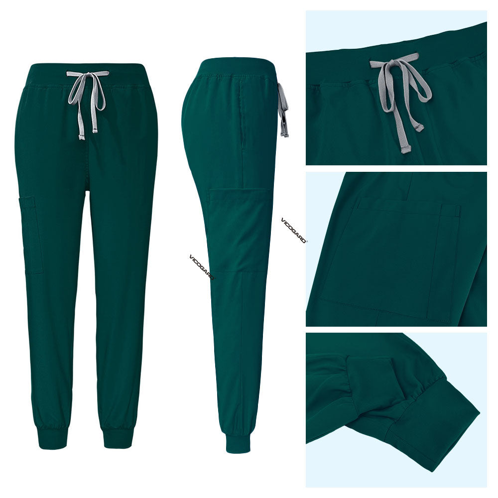 Hunter Green jogger scrub pants detail with elastic drawstring waist and ribbed ankle cuffs