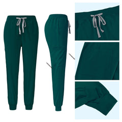 Hunter Green jogger scrub pants detail with elastic drawstring waist and ribbed ankle cuffs