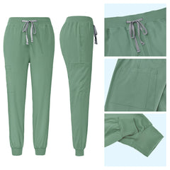 Jogger style scrub pants detail with elastic drawstring waistband and ribbed ankle cuffs