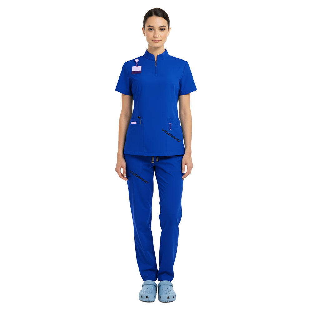Vicogard Royal Blue 71221 unisex scrub set front view, half-zip mandarin collar uniform for women
