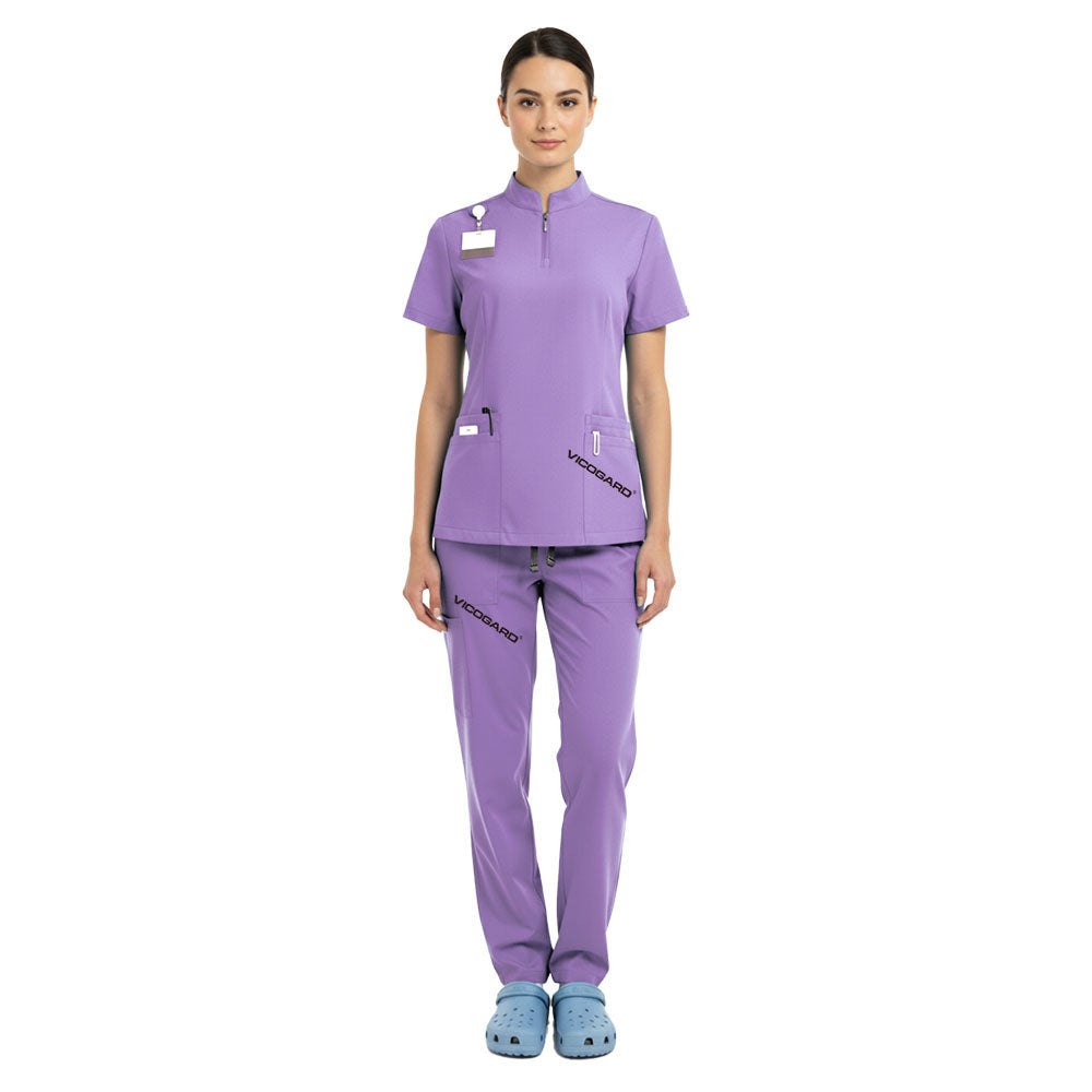 Vicogard Lavender half-zip scrub set front view, soft lilac nursing home uniform