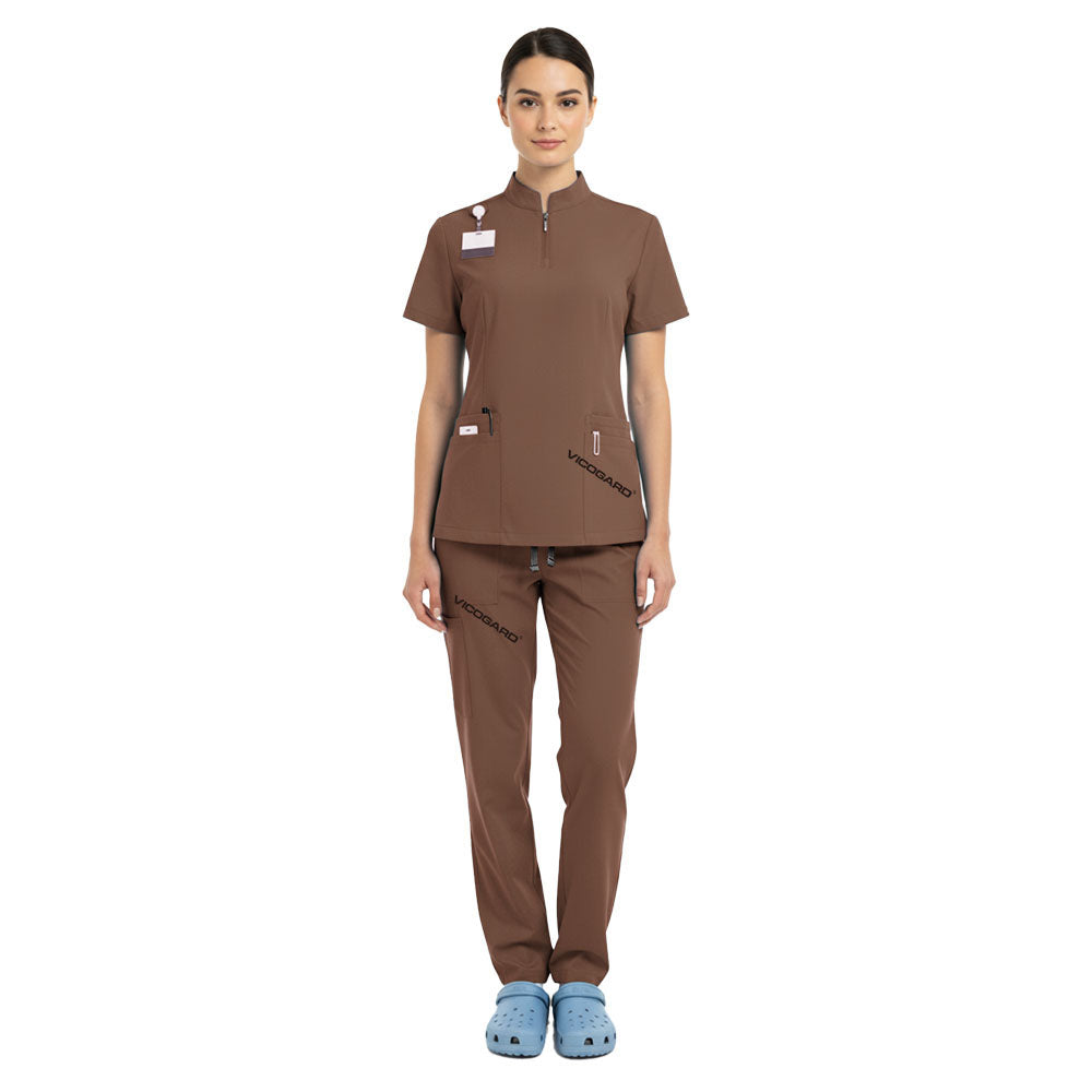 Vicogard Coffee 71221 scrub set front view, warm brown half-zip medical uniform