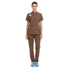 Vicogard Coffee 71221 scrub set front view, warm brown half-zip medical uniform