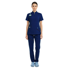 Vicogard Galaxy Blue half-zip scrubs front view, deep blue hospital staff attire