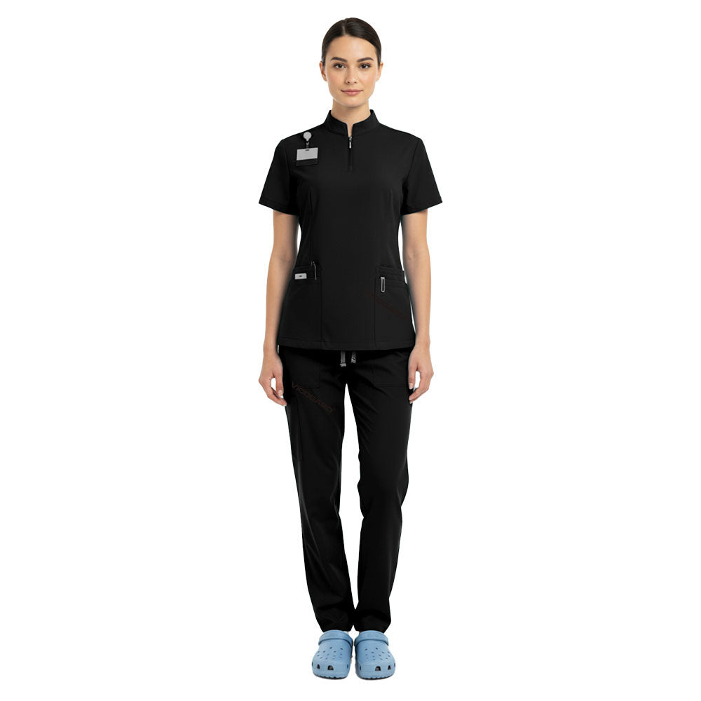 Vicogard Black 71221 unisex scrub set front view, sleek half-zip mandarin collar uniform for women