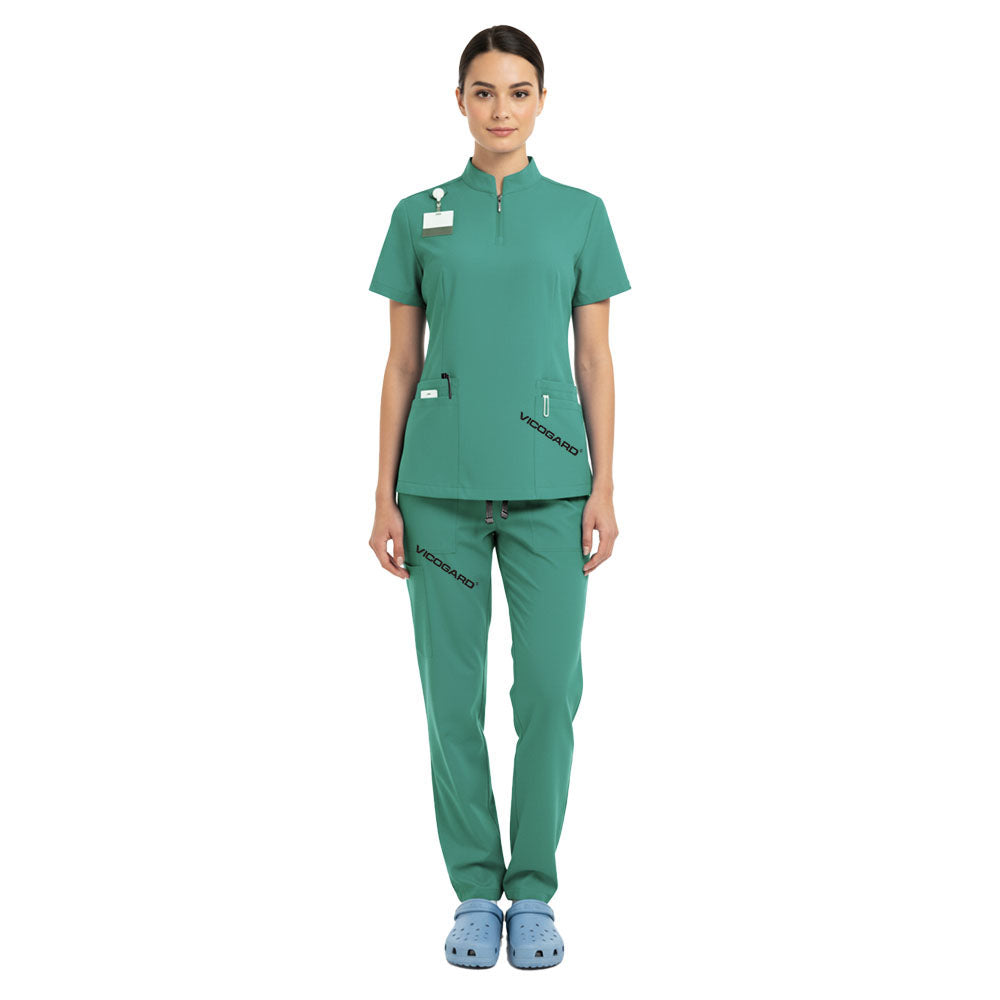 Vicogard Turquoise 71221 scrub set front view, bright half-zip dental uniform for hygienists