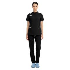 Vicogard Black half-zip scrub set front view, sleek athletic medical uniform for estheticians