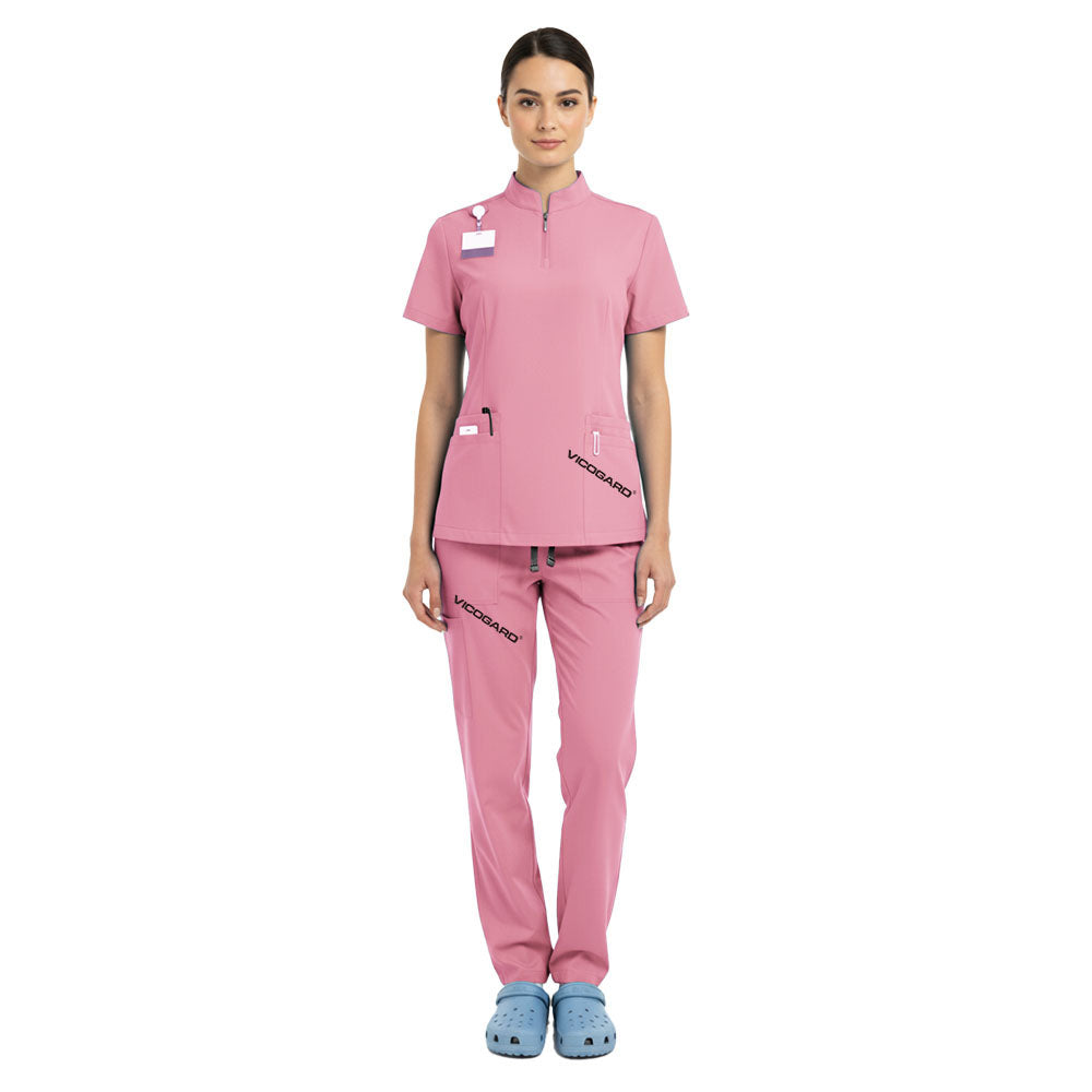 Vicogard Pink 71221 unisex scrub set front view, cute half-zip mandarin collar uniform for women