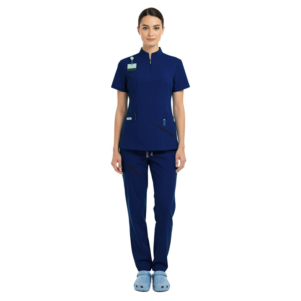 Vicogard Galaxy Blue 71221 scrub set front view, professional dark blue half-zip medical uniform
