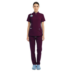 Vicogard Wine red scrub set front view, professional maroon admin uniform for schools