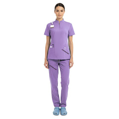 Vicogard Lavender 71221 scrub set front view, soft lilac half-zip medical uniform for women