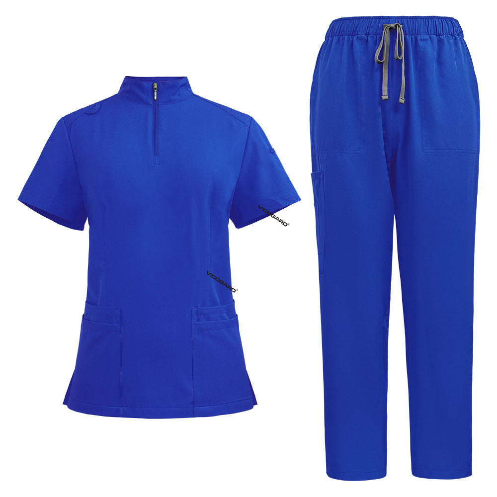 Flat lay of Royal Blue medical uniform set featuring zipper top and cargo pants