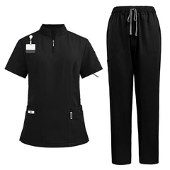 Flat lay of Black medical uniform set featuring zipper top and cargo pants