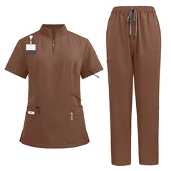 Flat lay of Coffee colored scrubs featuring zipper mandarin collar top and cargo pants