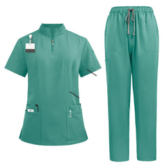 Flat lay of Turquoise medical scrubs featuring zipper stand collar top and cargo pants