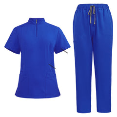 Flat lay of Royal Blue medical uniform set featuring zipper top and cargo pants