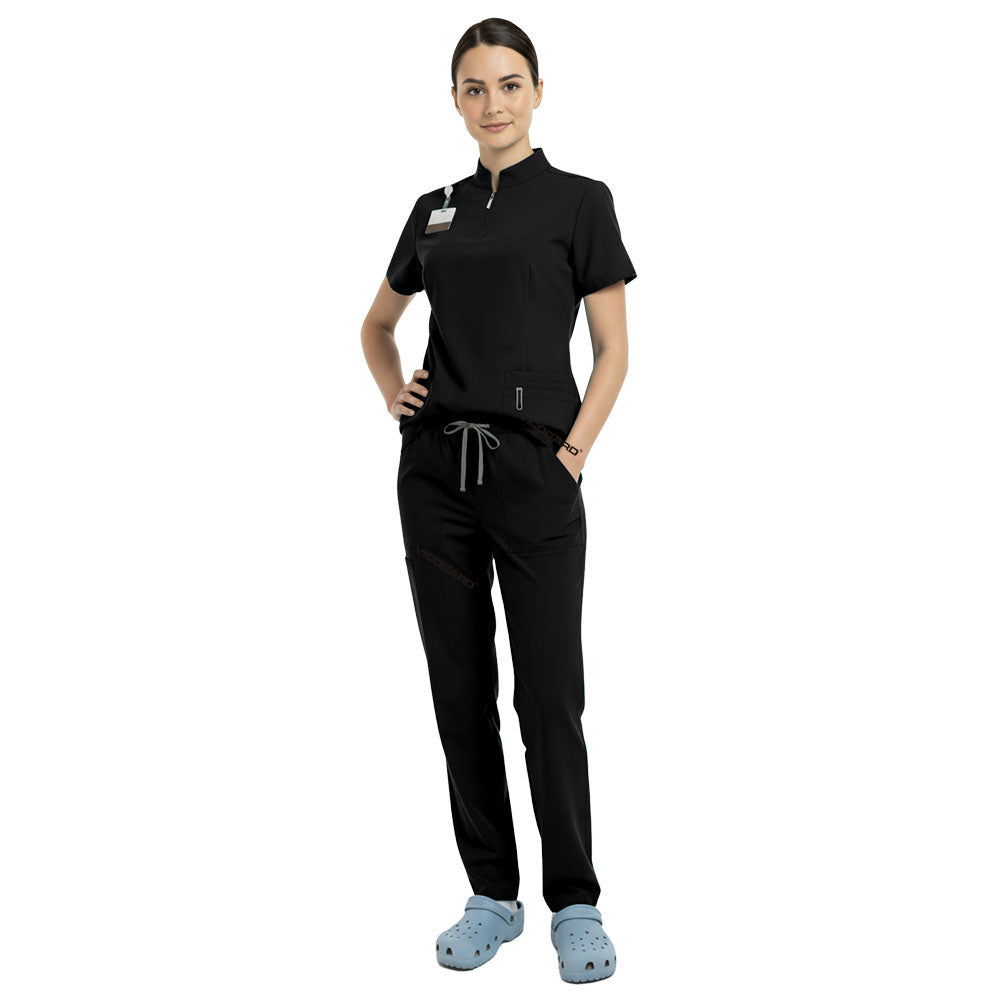 Waist detail of Black scrub set showing elastic waistband and adjustable drawstring fit