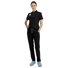 Waist detail of Black scrub set showing elastic waistband and adjustable drawstring fit