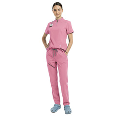 Waist detail of Pink scrub set showing elastic waistband and adjustable drawstring fit