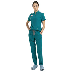 Waist detail of Teal scrub set showing secure elastic fit for active nurses