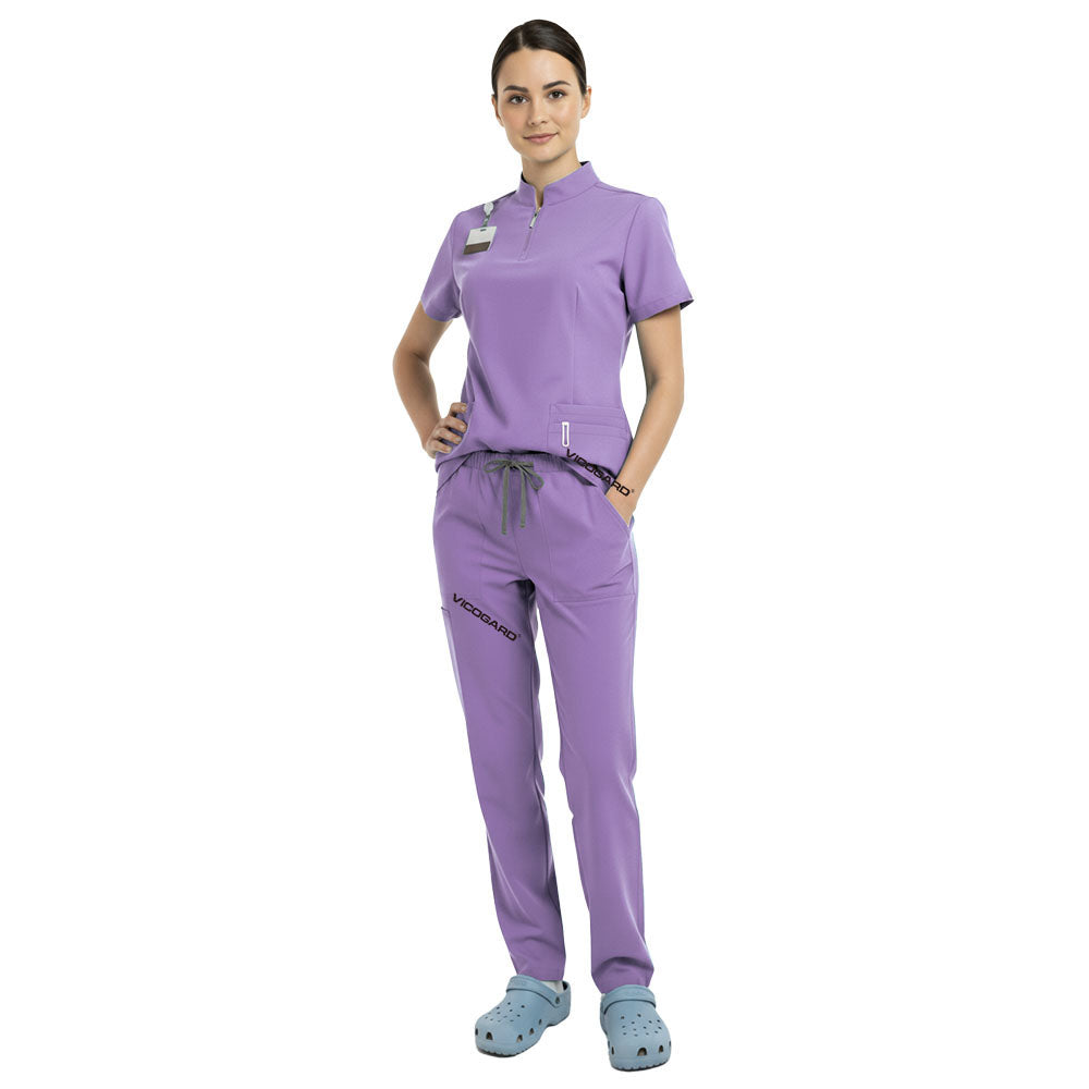 Waist detail of Lavender scrub set showing elastic drawstring fit for comfort