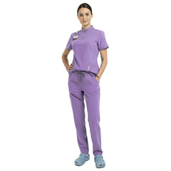 Waist detail of Lavender scrub set showing elastic drawstring fit for comfort