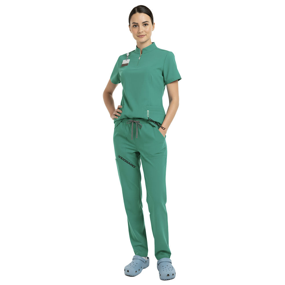 Waist detail of Turquoise scrub set showing secure elastic fit for clinic work