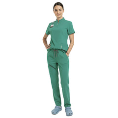 Waist detail of Turquoise scrub set showing secure elastic fit for clinic work