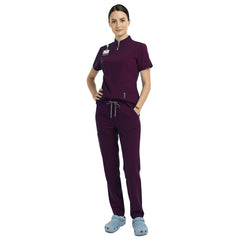 Waist detail of Wine scrub set showing elastic drawstring fit for nursing students