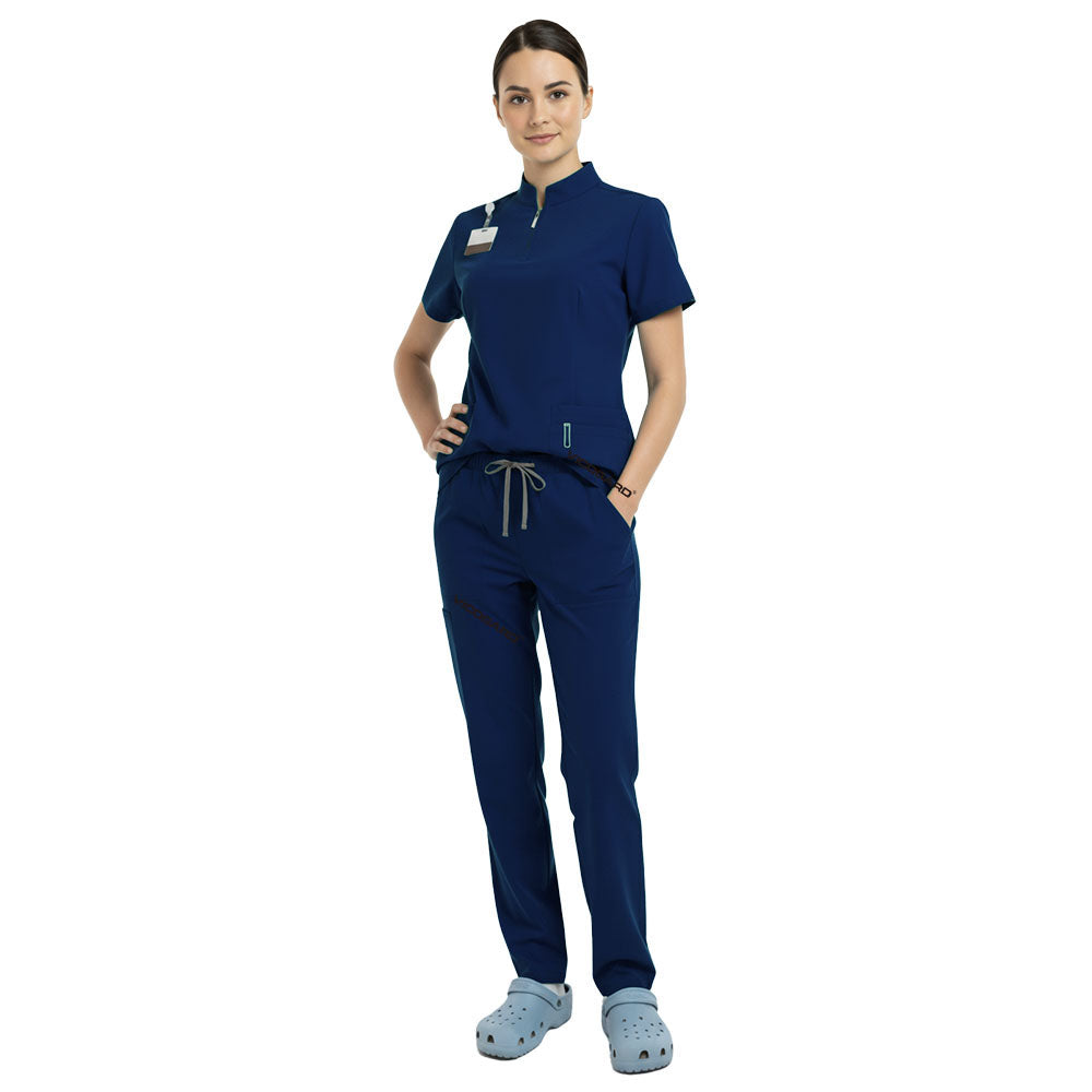 Waist detail of Galaxy Blue scrub set showing elastic drawstring fit for men and women