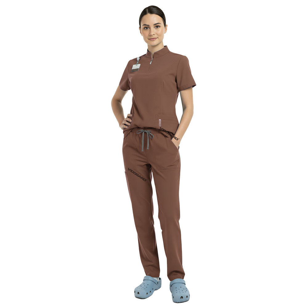 Waist detail of Coffee scrub set showing elastic drawstring fit for men and women