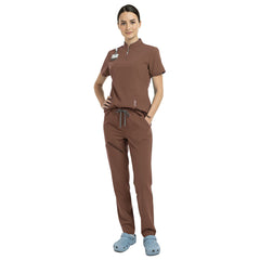 Waist detail of Coffee scrub set showing elastic drawstring fit for men and women