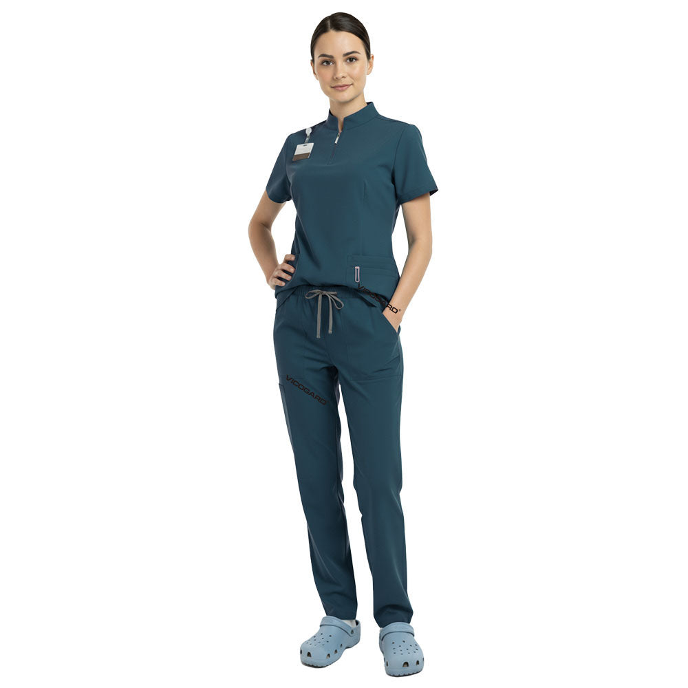 Waist detail of Caribbean Blue scrub set showing comfortable elastic fit