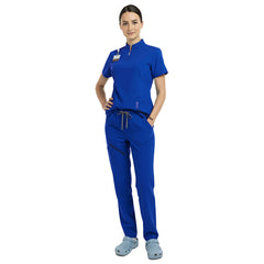 Waist detail of Royal Blue scrub set showing elastic waistband and adjustable drawstring fit