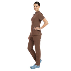 Side profile of Coffee brown scrubs showing cargo pockets and athletic silhouette