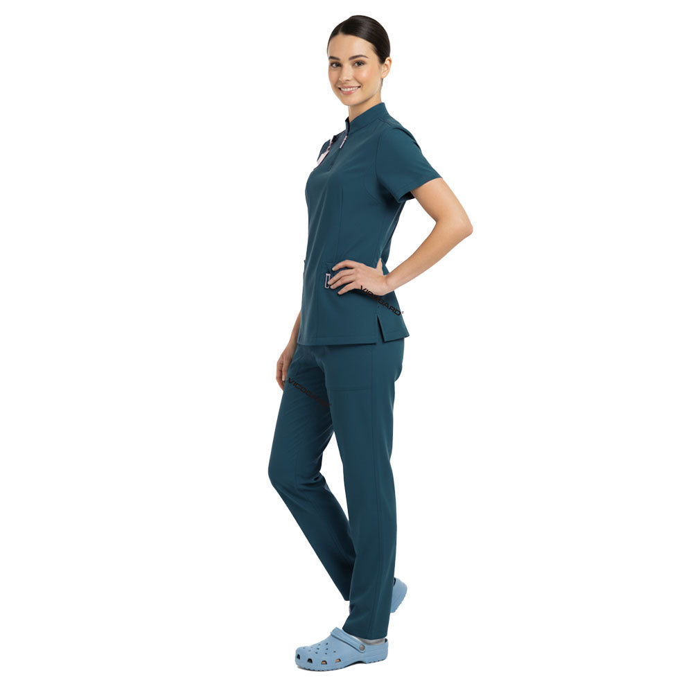 Side profile of Caribbean Blue cheerful scrubs showing deep cargo storage pockets