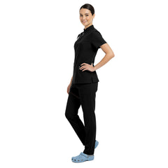 Side profile of Black scrub set showing athletic silhouette and deep cargo pockets