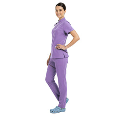 Side profile of Lavender pastel scrubs showing cargo pockets and athletic silhouette