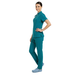 Side profile of Teal performance scrubs showing cargo storage and breathable fabric