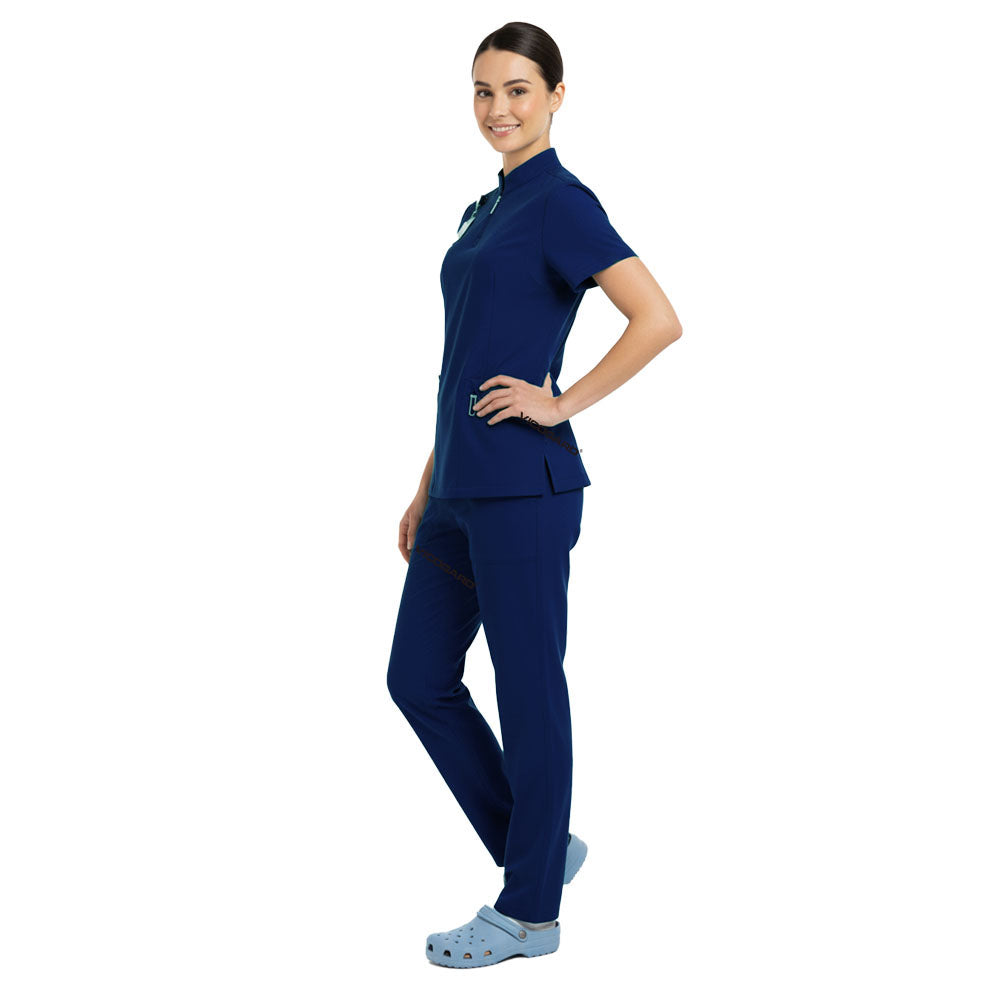 Side profile of Galaxy Blue deep color scrubs showing cargo pockets and athletic silhouette