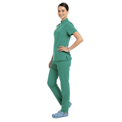 Side profile of Turquoise bright scrubs showing cargo pockets and athletic silhouette