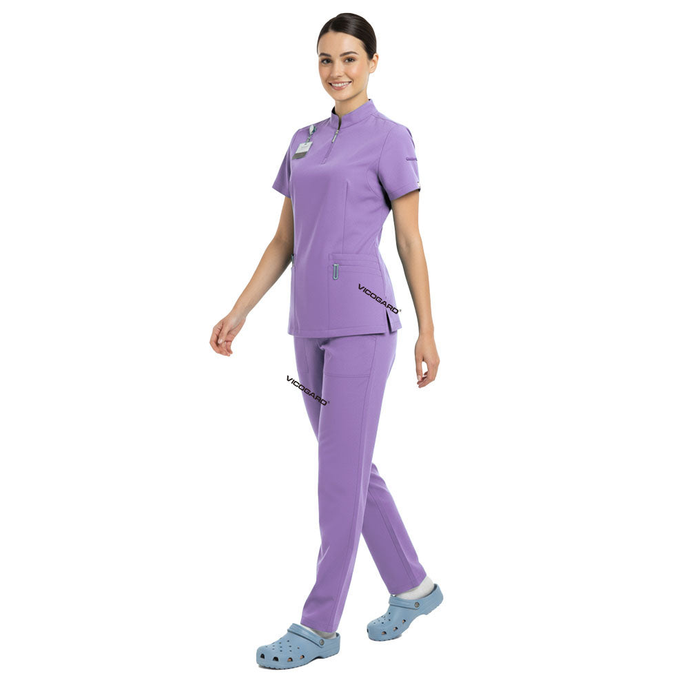 Full body display of Lavender Vicogard scrubs, ideal outfit for nursing homes and OB-GYN
